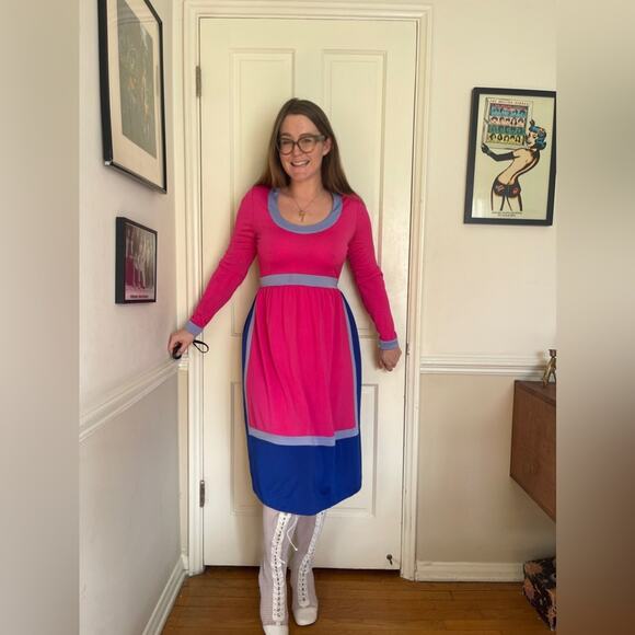 Vintage Dresses & Skirts - 70s Vintage Robert David Morton Color Block Long Sleeve Dress